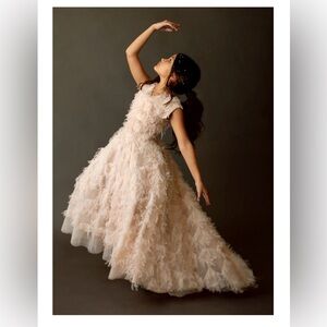 Joyfolie Girls Feathered Tulle Formal Dress in Blush